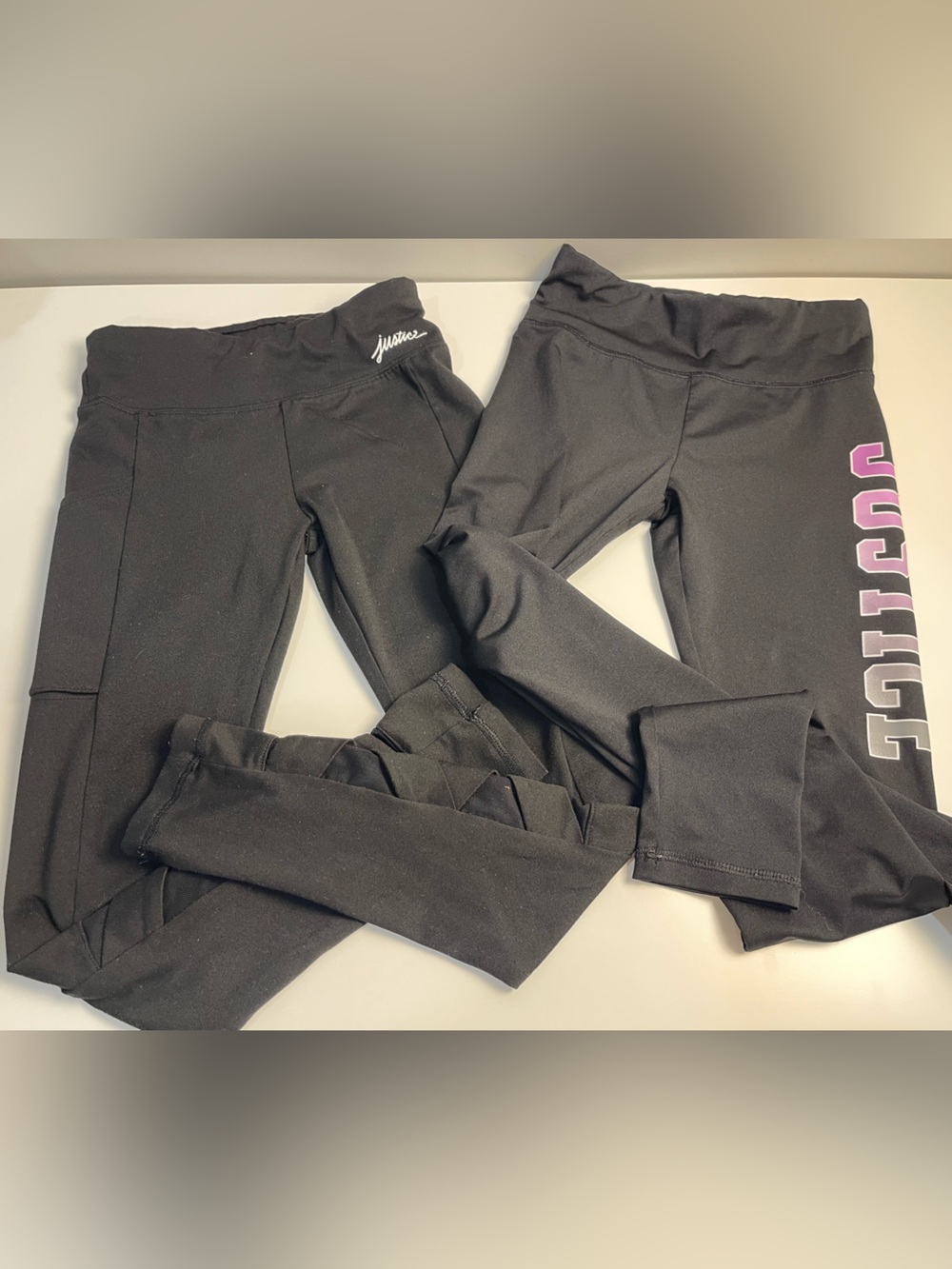 Justice Black Active Leggings with Pink Logo 2 pair size 10 very good condition